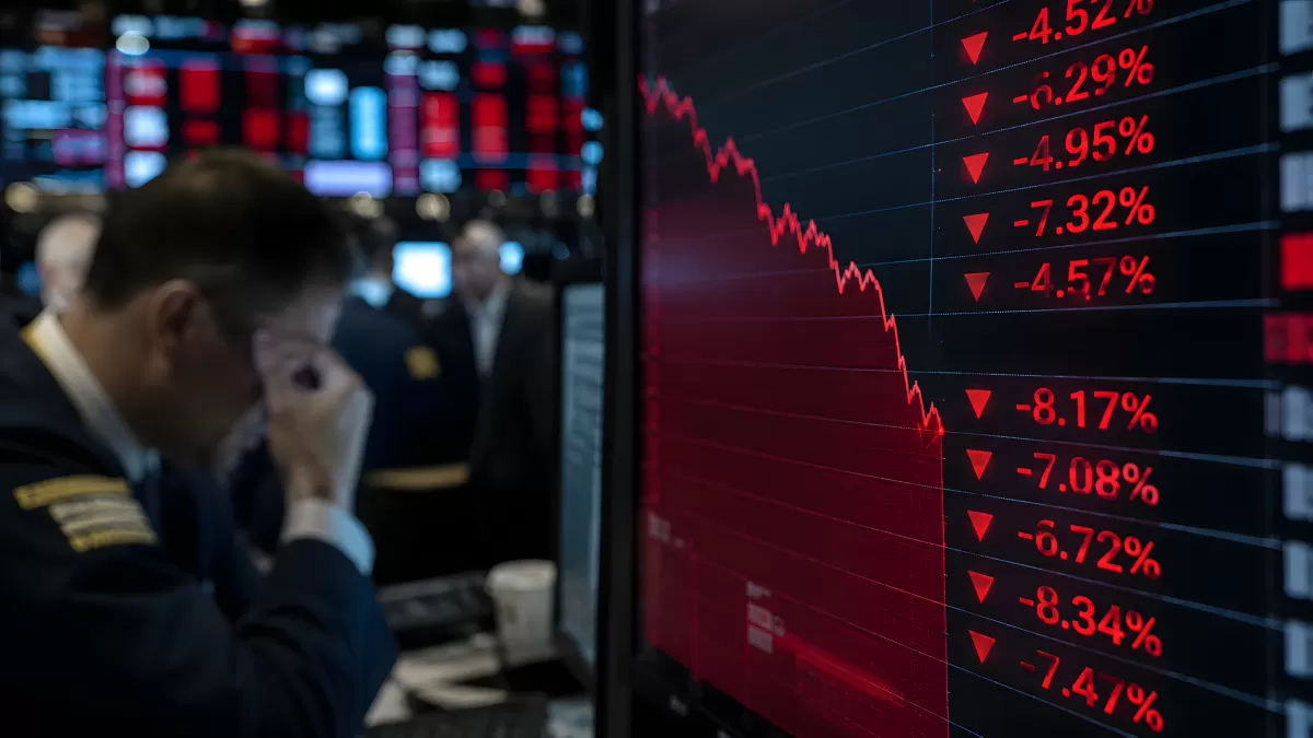 Börsenhändler vor abstürzendem Aktienindex in Rot