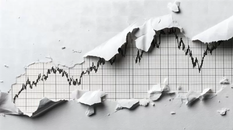 Börsenkurve hinter zerrissenem Papier auf weißem Hintergrund