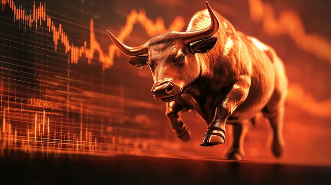 Börsensymbol: Kupferner Stier vor Finanzchart