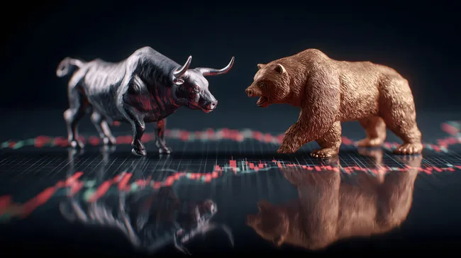 Börsentrends: Bulle und Bär in düsterer Stimmung