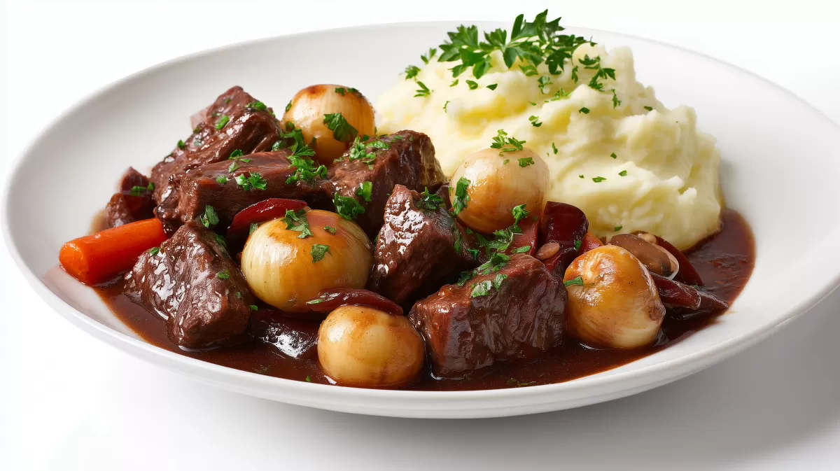 Boeuf Bourguignon mit Kartoffelpüree auf Teller