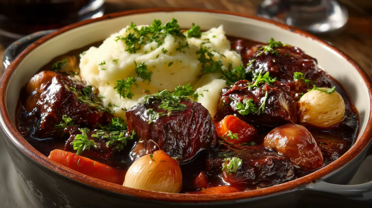 Boeuf Bourguignon mit Kartoffelpüree im Schmortopf