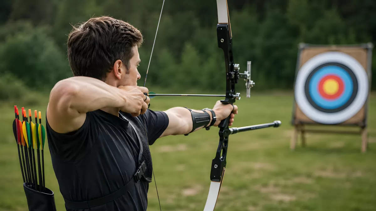 Bogenschütze zielt auf Zielscheibe beim Training