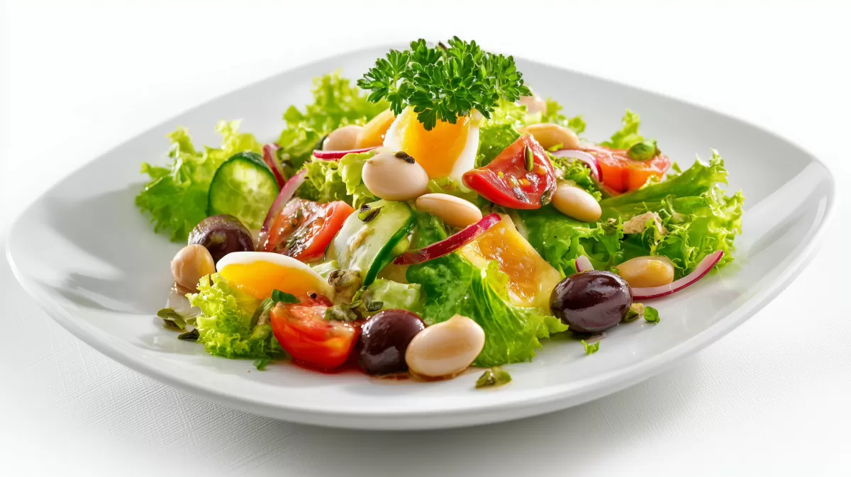 Bohnen Salat mit Oliven, Tomaten und Ei