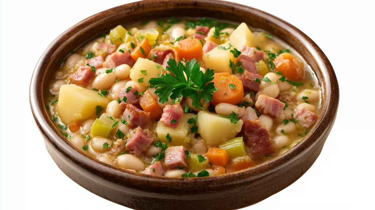 Bohneneintopf mit Speck in rustikaler Schüssel