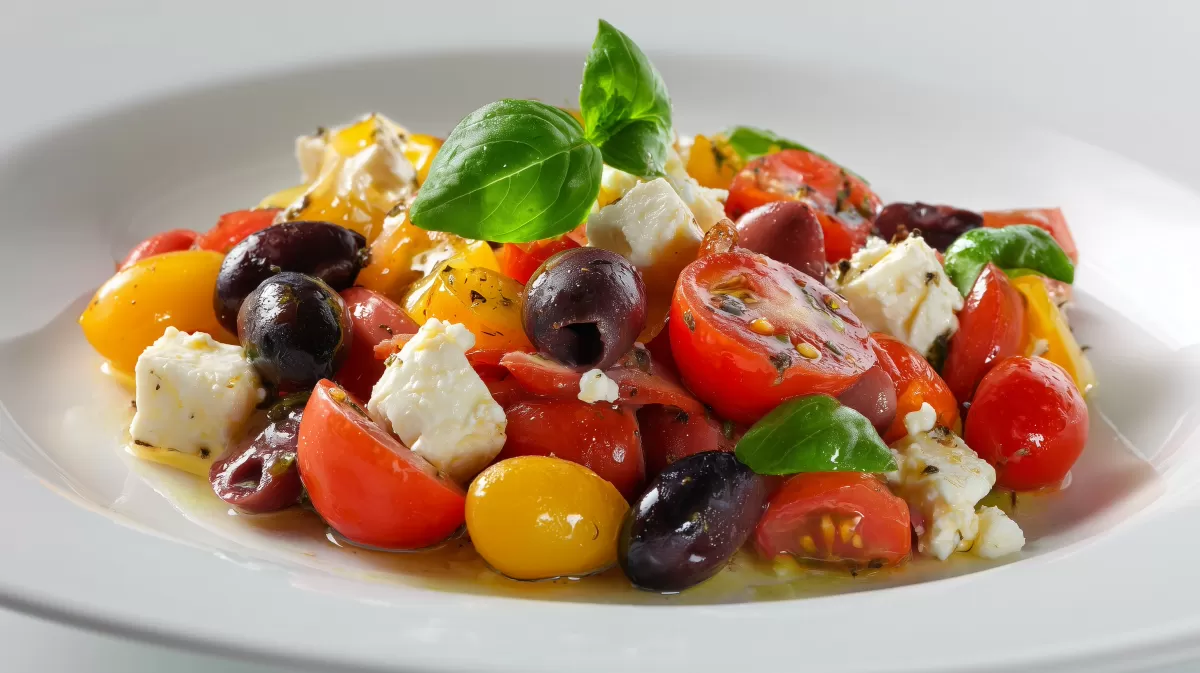 Bohnensalat mit Feta und Oliven auf weißem Teller