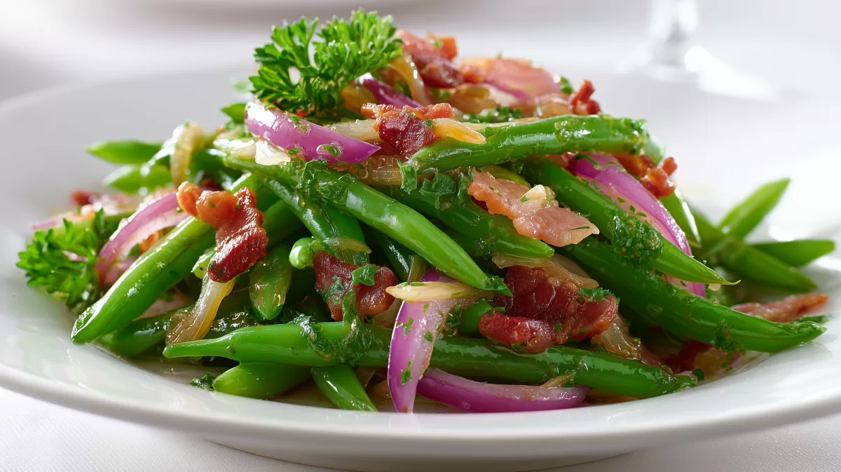 Bohnensalat mit Speck und Zwiebeln auf Teller