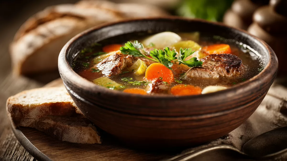 Bohnensuppe mit Gyros in rustikaler Tonschüssel