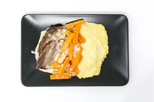 Boiled beef with carrot strips and mashed potato in sauce from Eat Simple
