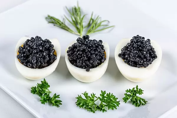 Boiled chicken eggs with black caviar and herbs