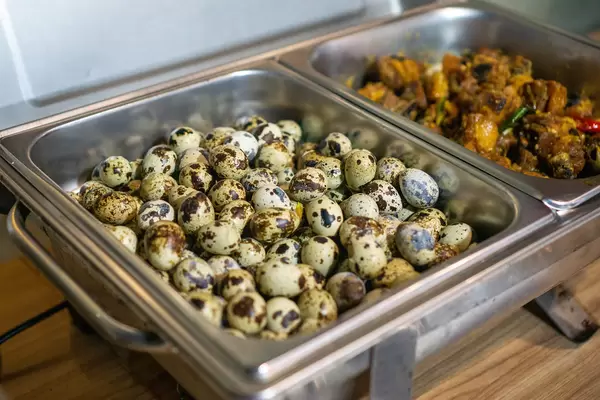 Boiled Quail Eggs and Chicken fried in Fish Sauce in a Catering Food Warmer at a Buffet in a Restaurant