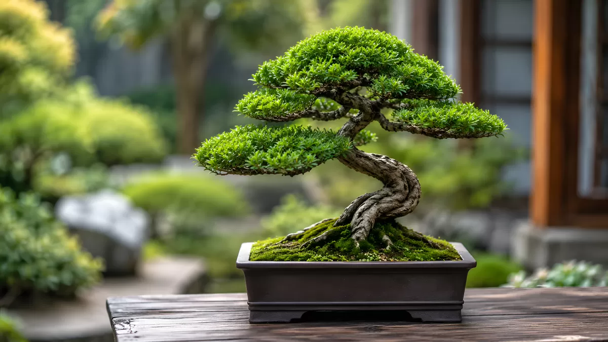 Bonsai-Baum mit geschwungenem Stamm im Japangarten