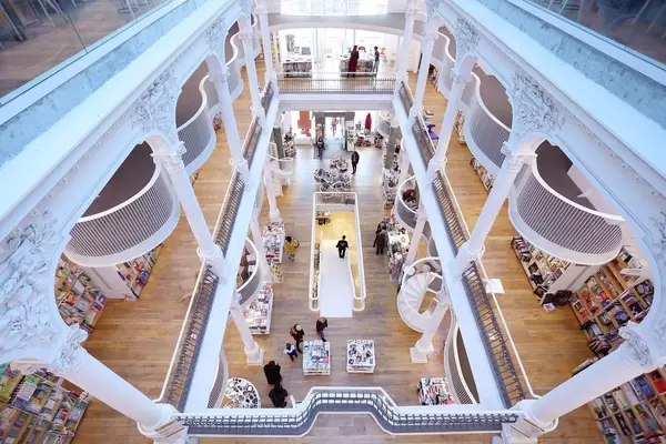 Bookshop with three floors, modern design, interior view