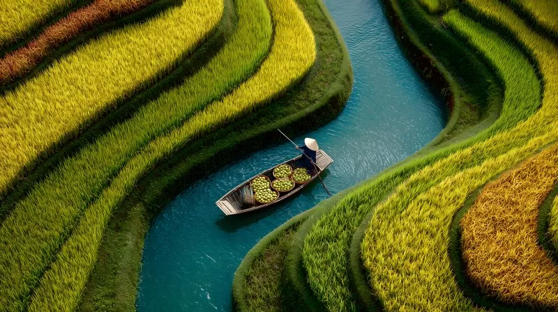 Boot mit Obst auf Fluss zwischen Reisfeldern aus der Vogelperspektive