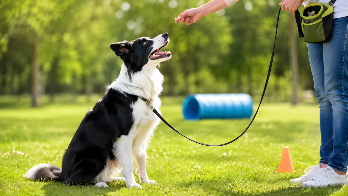 Border Collie beim Training im Park mit Leckerli