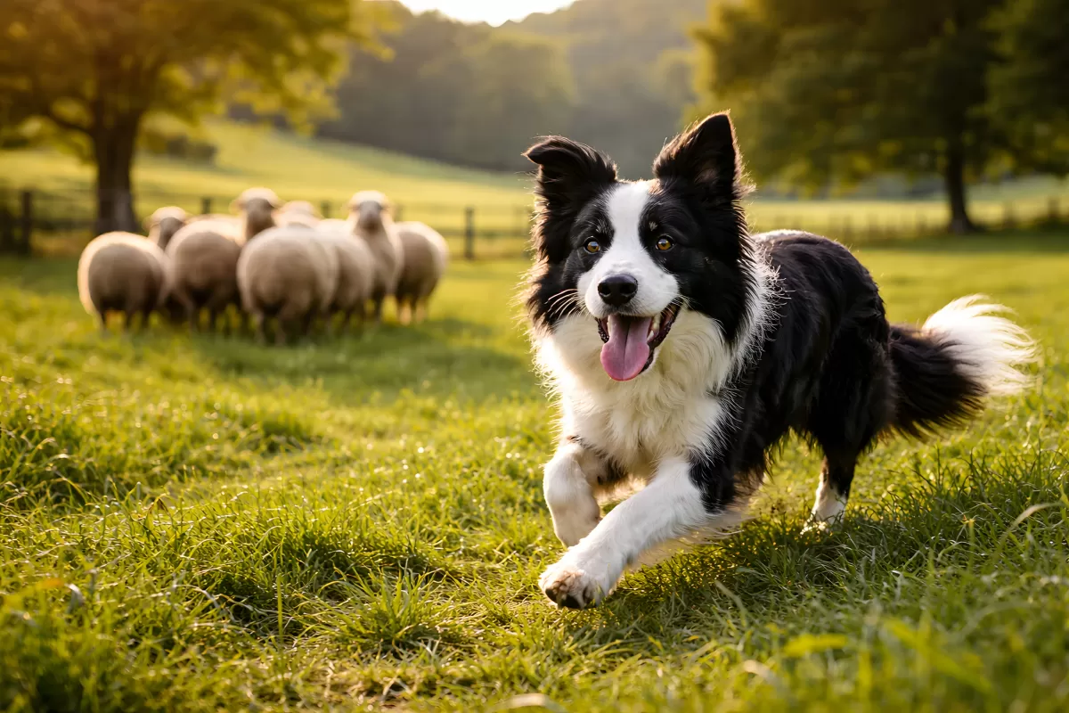 Border Collie läuft über Wiese mit Schafherde