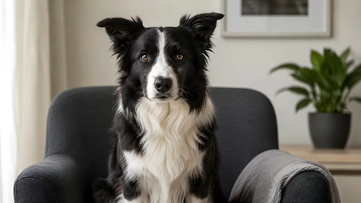 Border Collie sitzt aufmerksam auf grauem Sessel