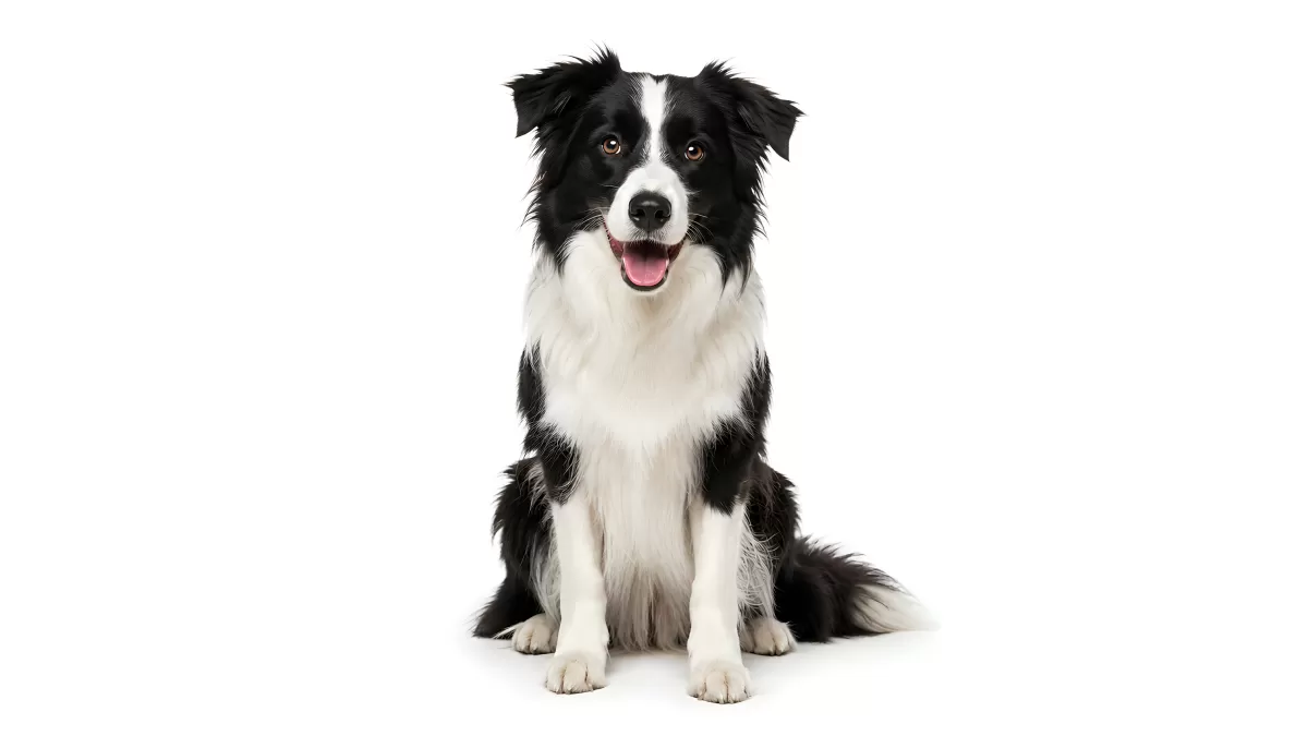 Border Collie sitzt aufmerksam vor weißem Hintergrund