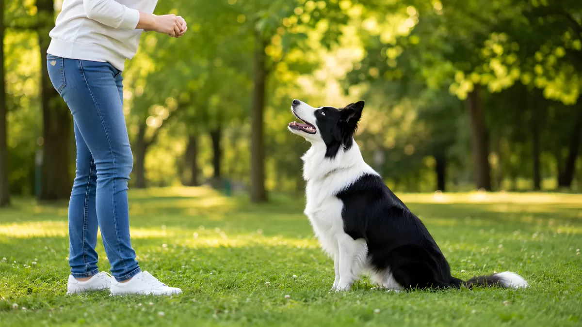 Border Collie sitzt beim Training im Park