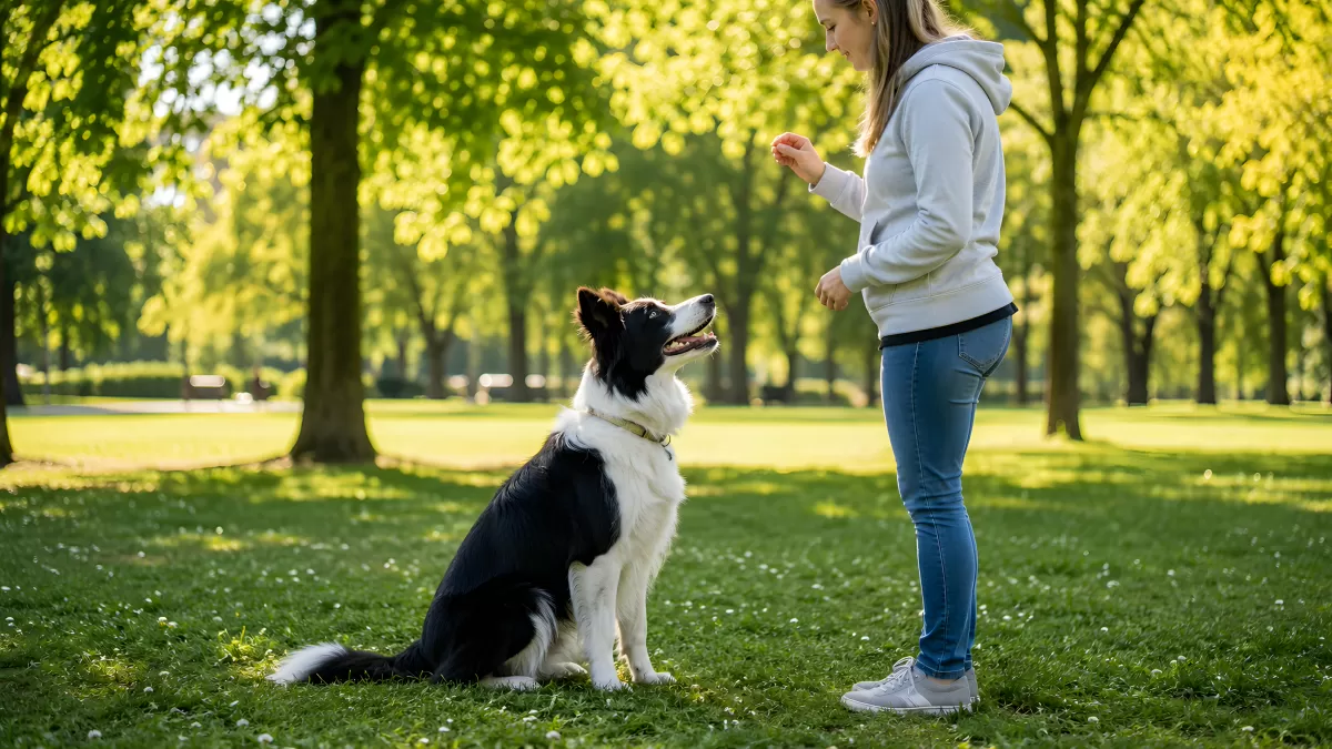 Border Collie sitzt beim Training im Sommerpark