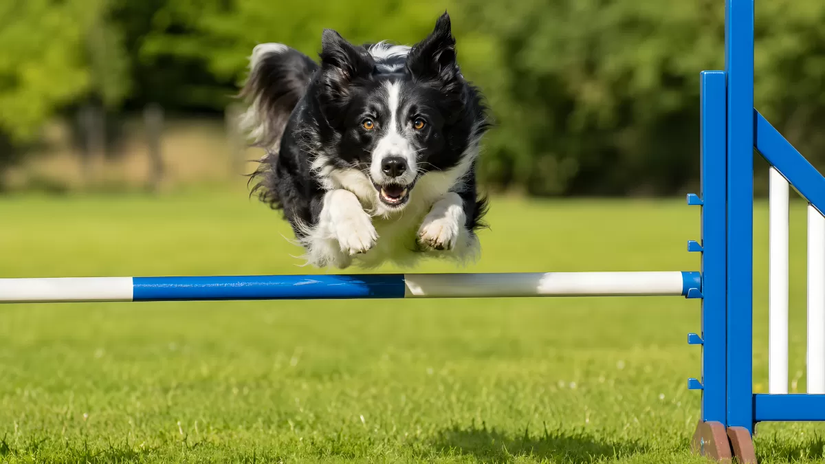 Border Collie springt über Agility-Hindernis auf Wiese