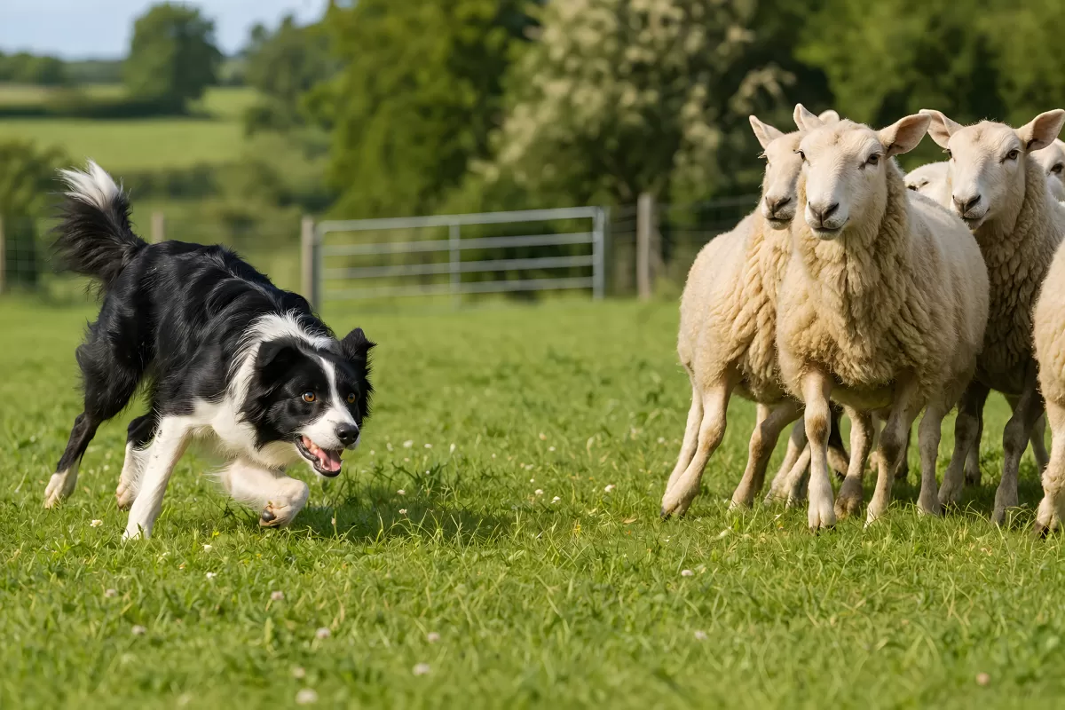 Border Collie treibt Schafe auf grüner Weide