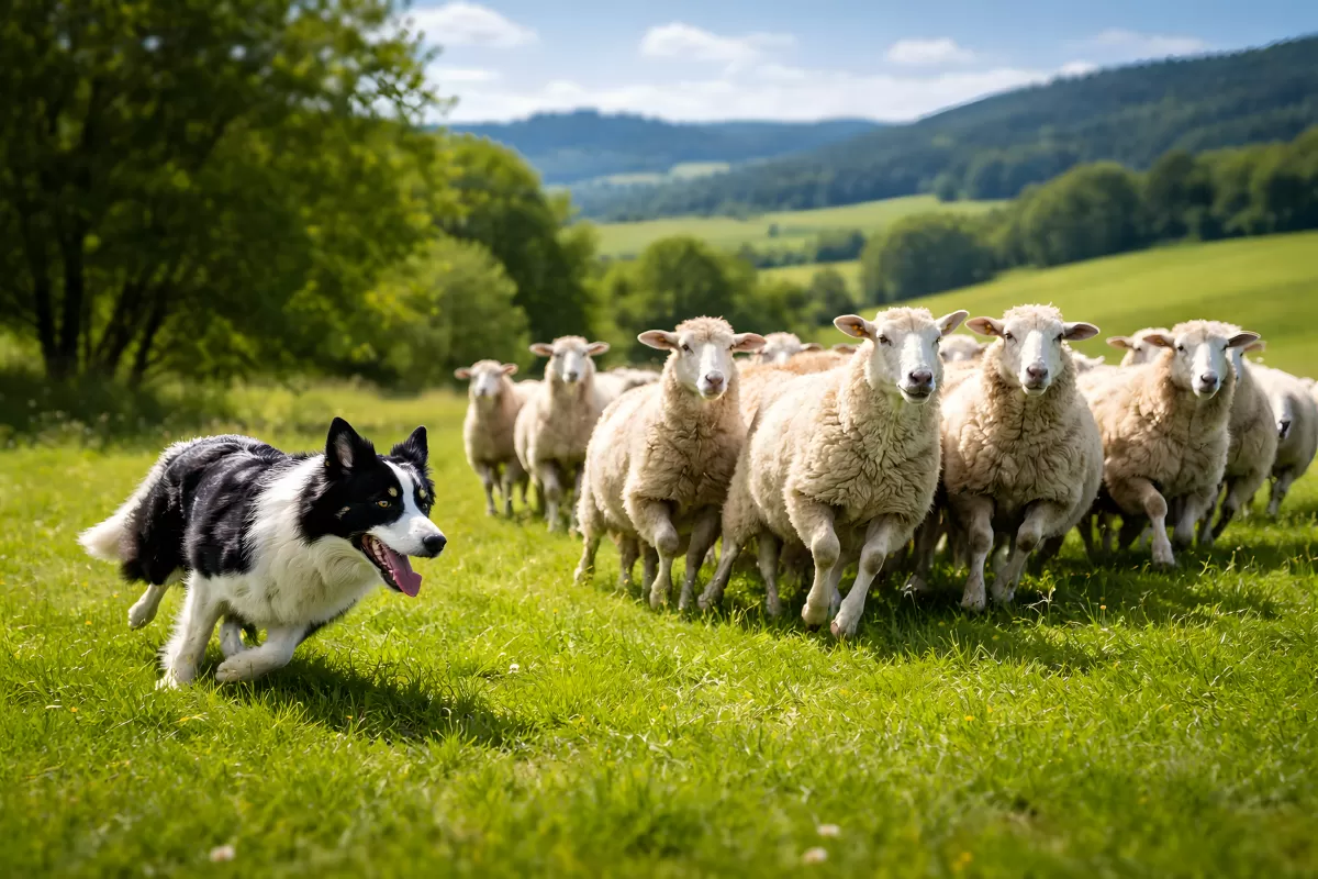 Border Collie treibt Schafherde über grüne Wiese
