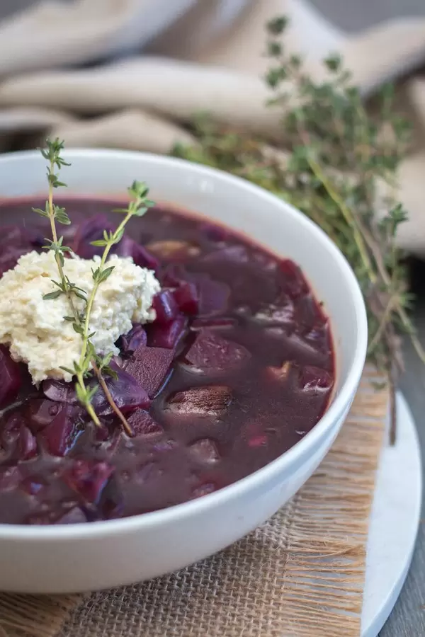 Borscht Soup In a White Bowl Close-up   Flip 2019