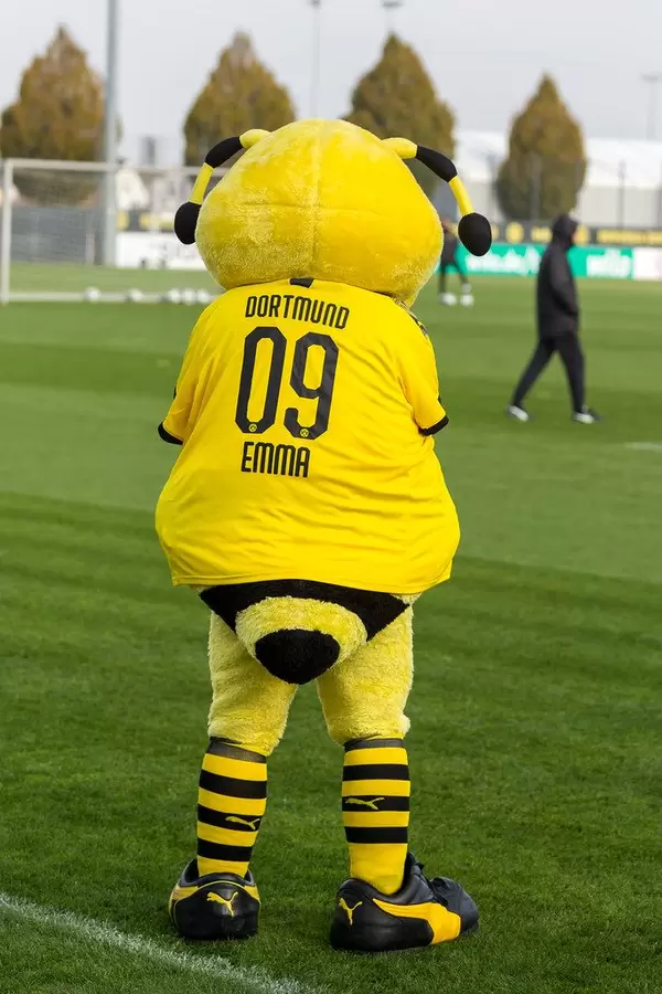 Borussia Dortmund mascot bee Emma watches the public training