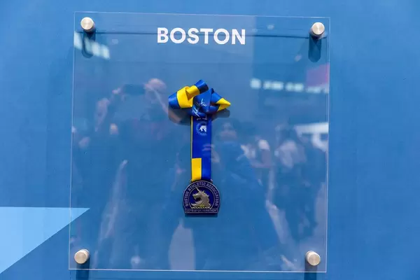 Boston Athletic Association 123 Boston Marathon Medal with blue-yellow ribbon