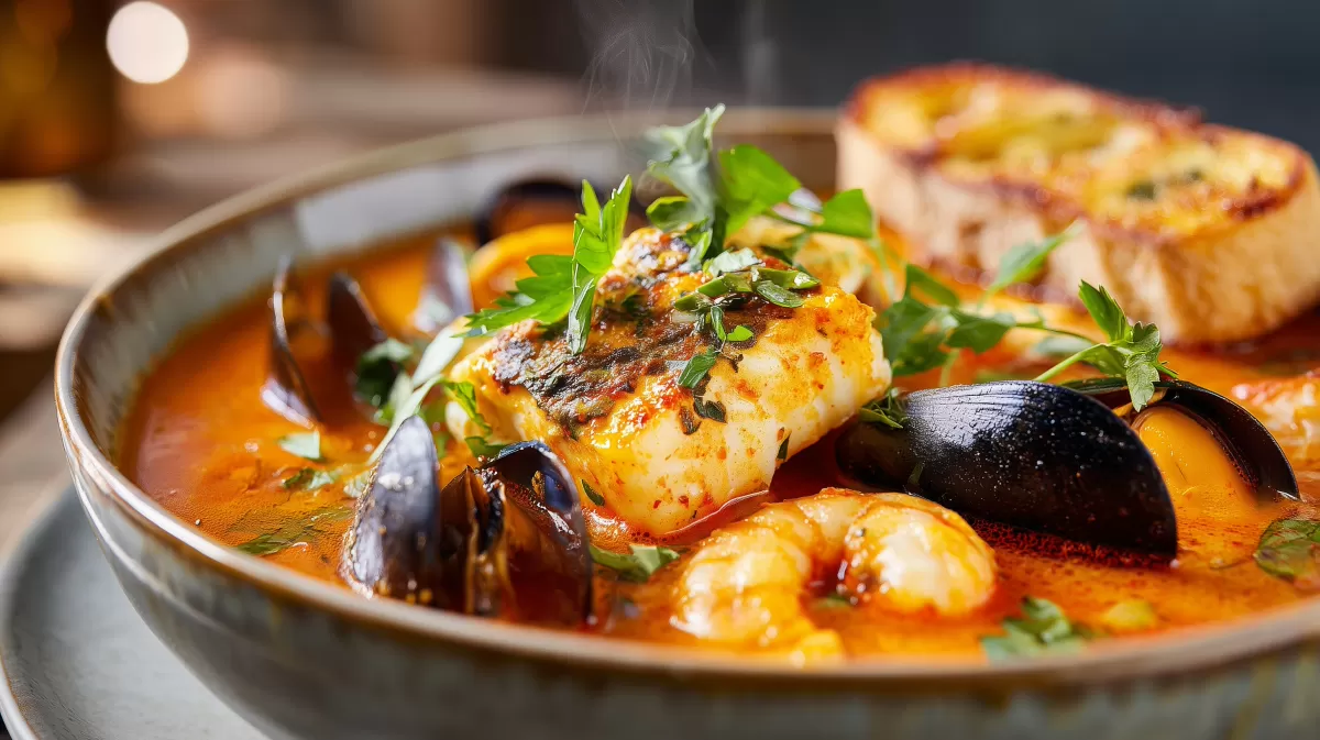 Bouillabaisse mit Meeresfrüchten und Röstbrot