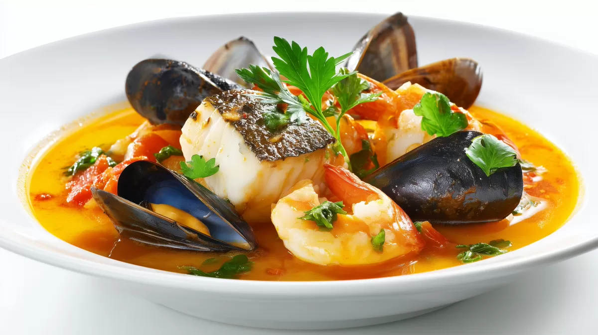Bouillabaisse mit Muscheln und Fisch im Teller