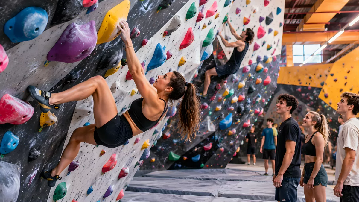 Bouldern in der Kletterhalle mit begeistertem Publikum