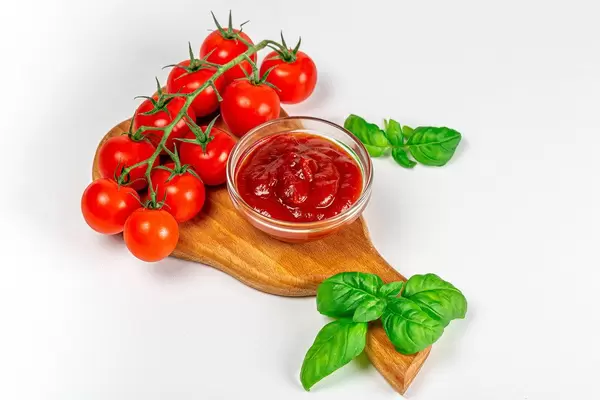 Bowl with ketchup, fresh tomatoes and basil leaves