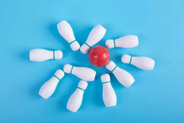 Bowling ball hits all the skittles