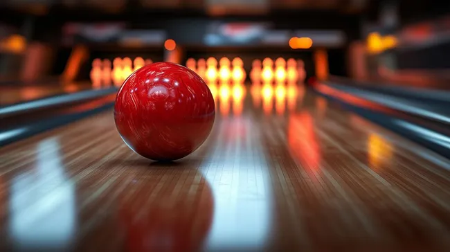 Bowling-Kugel vor beleuchteter Bowlingbahn