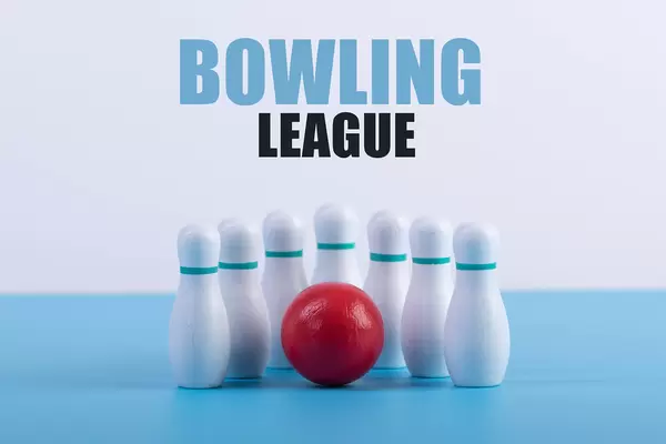 Bowling pins and ball with Bowling League text