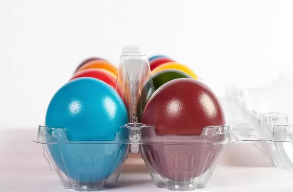 Box full of painted Easter eggs