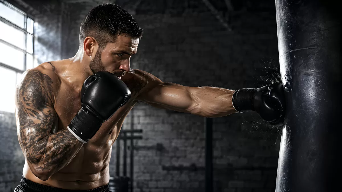 Boxer trainiert intensiv am Sandsack im Gym