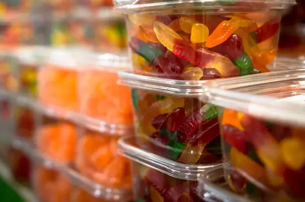 Boxes of multicolor gummy worms