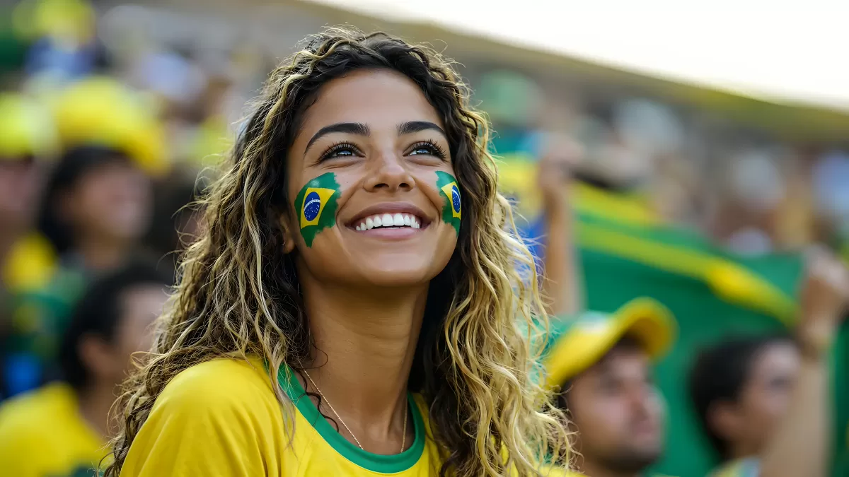 Brasilianische Fußballfan mit Gesichtsbemalung im Stadion