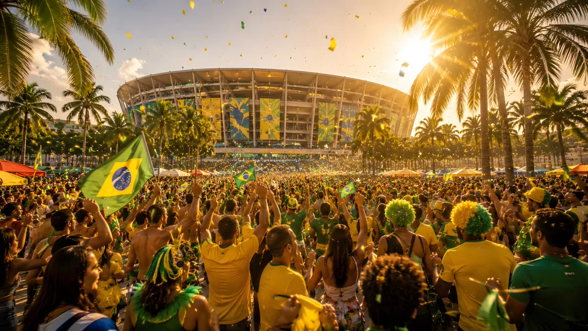 Brasilianische Fußballfans feiern vor großem Stadion
