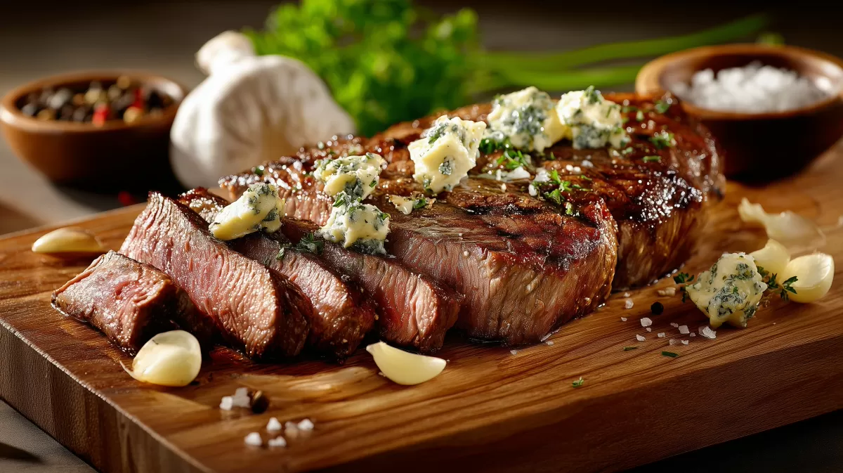 Brasilianisches Knoblauch Butter Steak auf Holzbrett