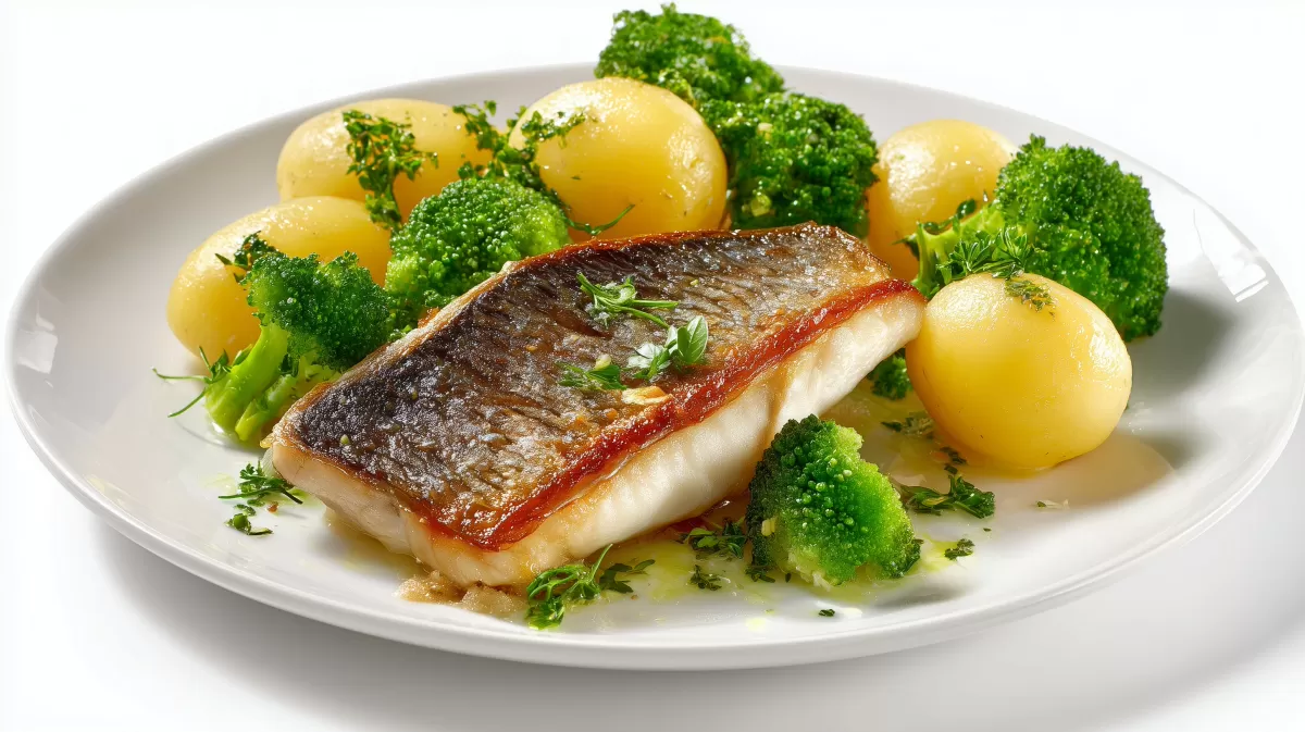 Brat Fisch mit Brokkoli Kartoffeln auf weißem Teller