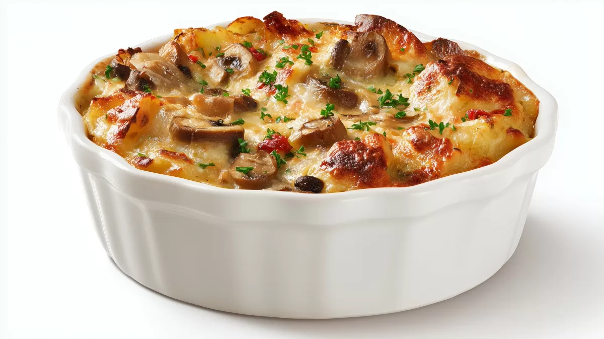 Brat Kartoffel Auflauf mit Pfifferlingen in Auflaufform