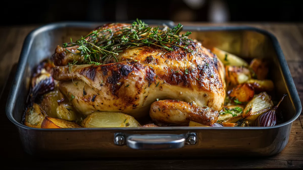 Brathähnchen aus dem Backofen mit Kräutern und Gemüse