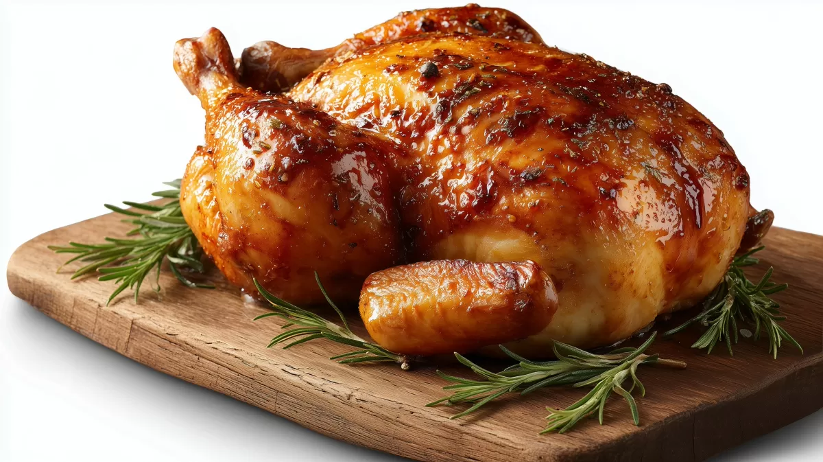 Brathähnchen knusprig auf Holzbrett mit Rosmarin