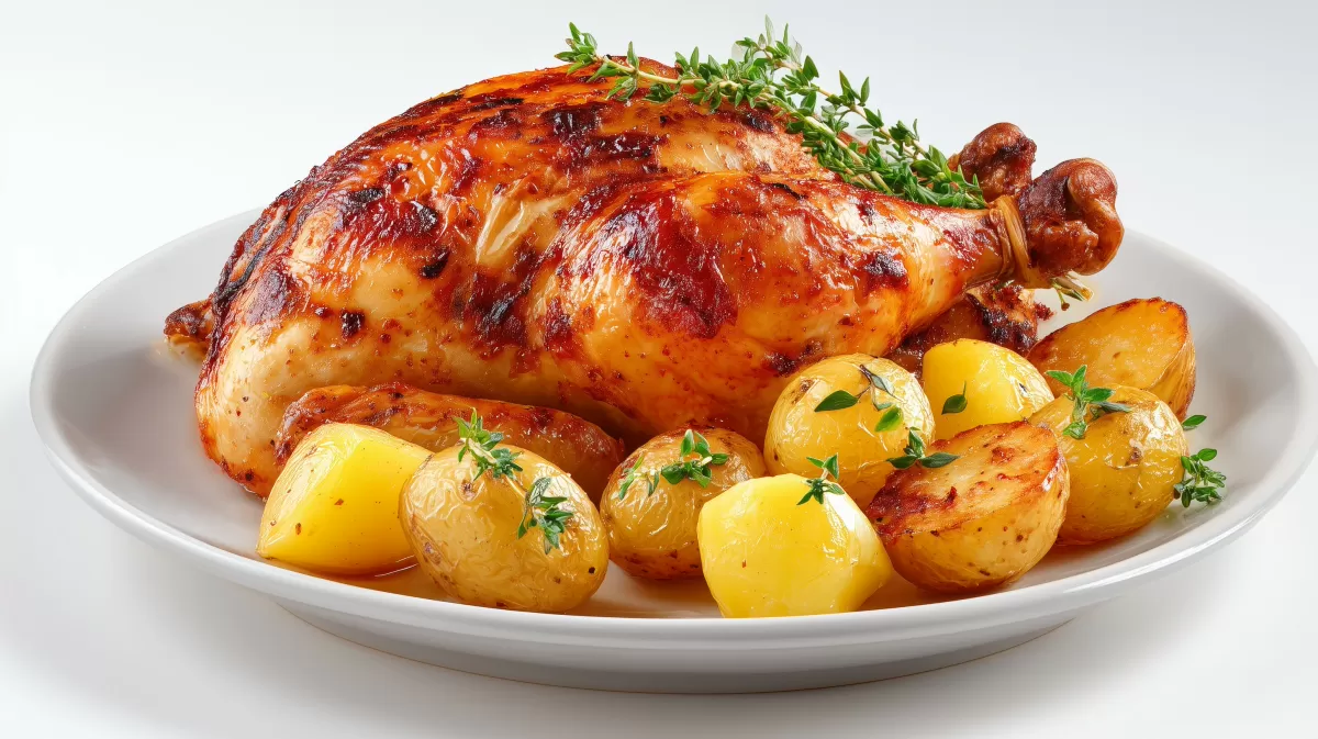 Brathähnchen mit Kartoffeln auf weißem Teller