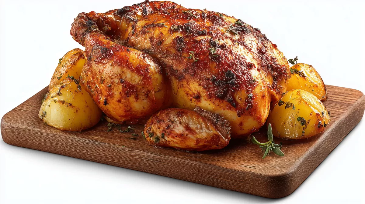 Brathähnchen mit Paprika und Kartoffeln auf Brett