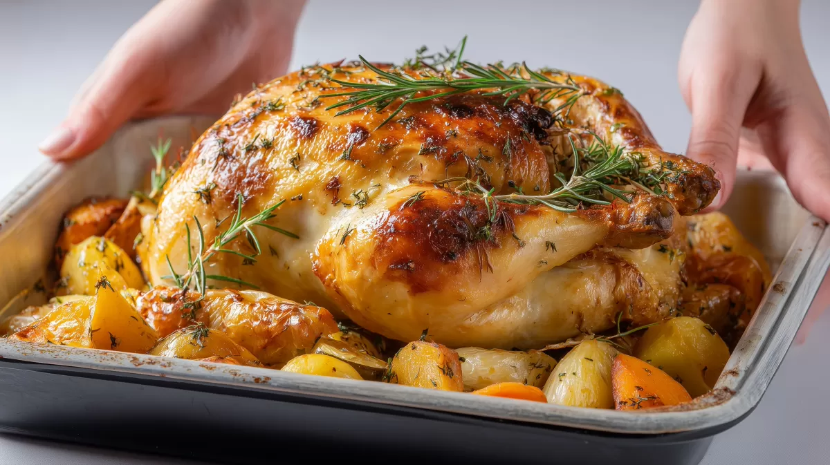 Brathhünchen aus dem Backofen mit Kräutern und Gemüse